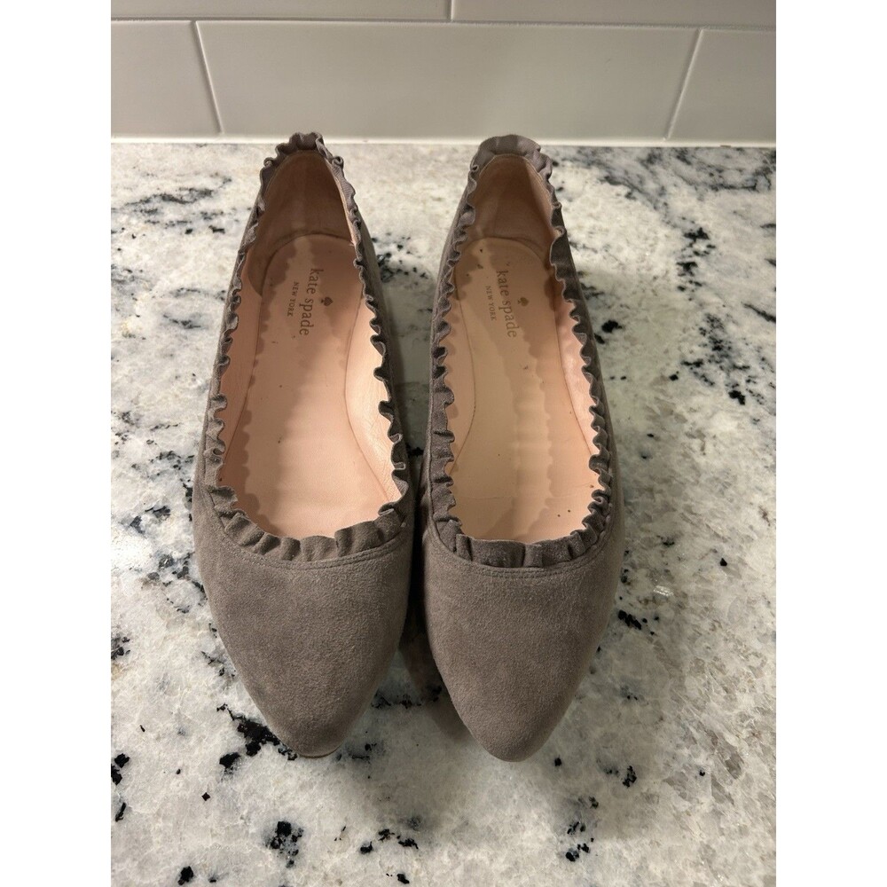 Kate Spade Nicole Too Suede Taupe Ruffled  Pointed Toe Ballet Flats Women’s 8.5